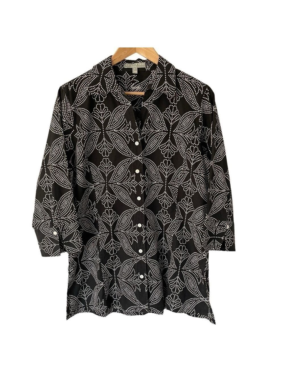 Foxcroft Wrinkle Free Cotton Button Up Shirt Womens 10 Black Floral Polkadot GUC